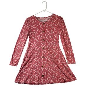 One Step Up Girls Floral Button Front Ribbed Knit Dress Size L 14 16 Long Sleeve